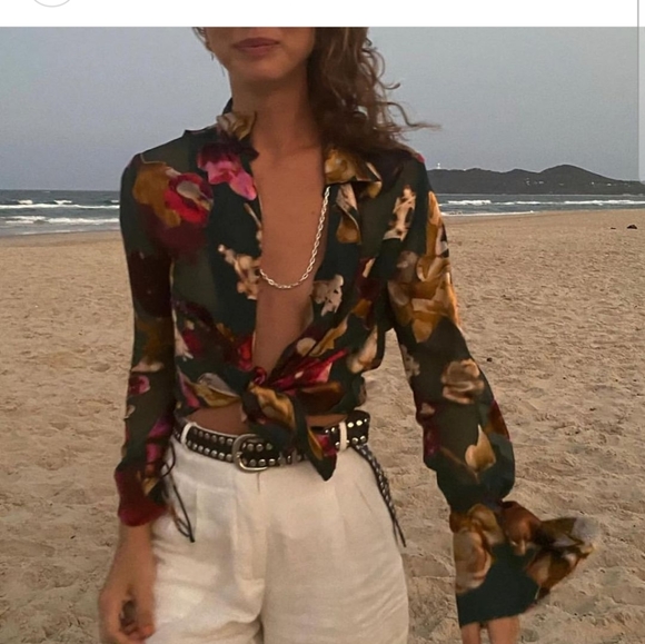 Rat & Boa Tops - Rat & Boa Issey Green Floral Button Down Silk Blouse